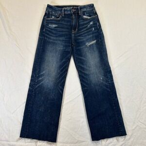 Women's American Eagle Wide Leg Crop Jeans Dark Wash Distressed Raw Hem 00